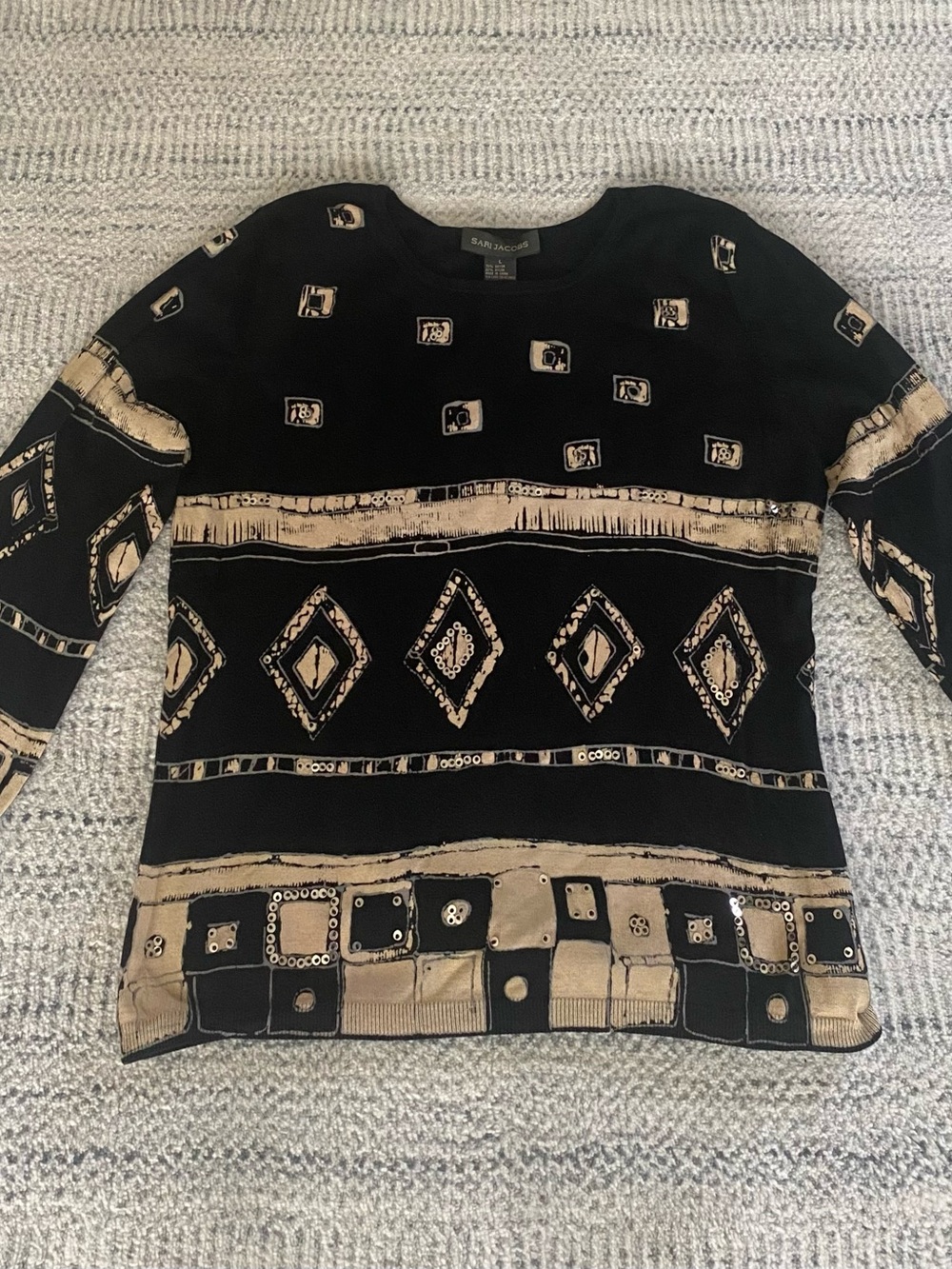 Black & Beige Scoop Neck Patterned Sweater